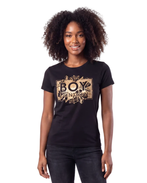 Playera Boy London Mujer Negra Floral Foil Dorado Logo