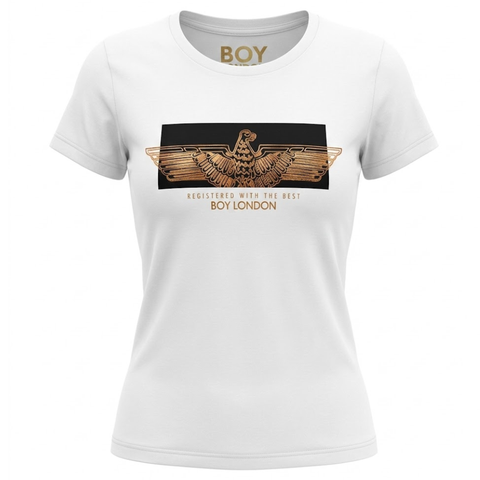 Playera Boy London Mujer Blanca Águila Foil Dorado
