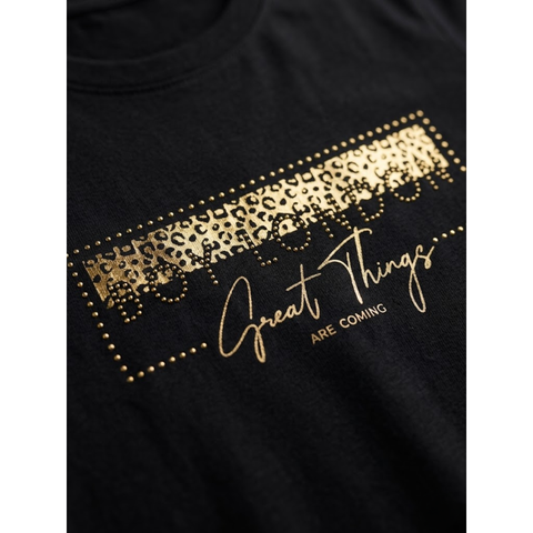 Playera Boy London Mujer Negra Great Things Foil Dorado Animal