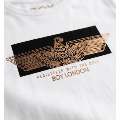 Playera Boy London Mujer Blanca Águila Foil Dorado