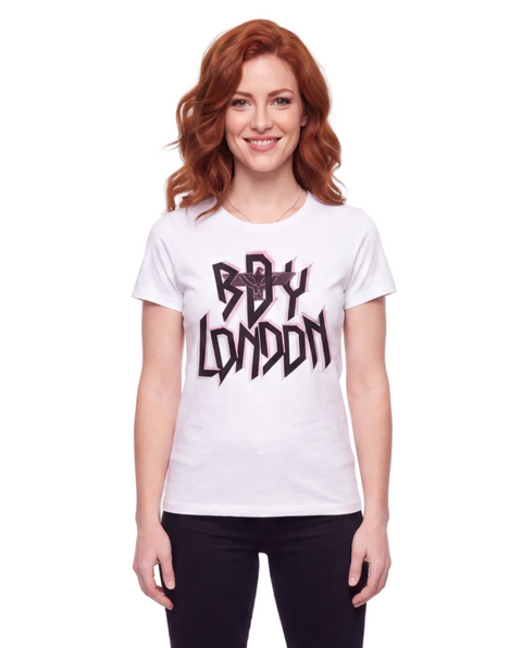 Playera Blanca de Mujer Foil Rosa Letras Brillantes Boy London